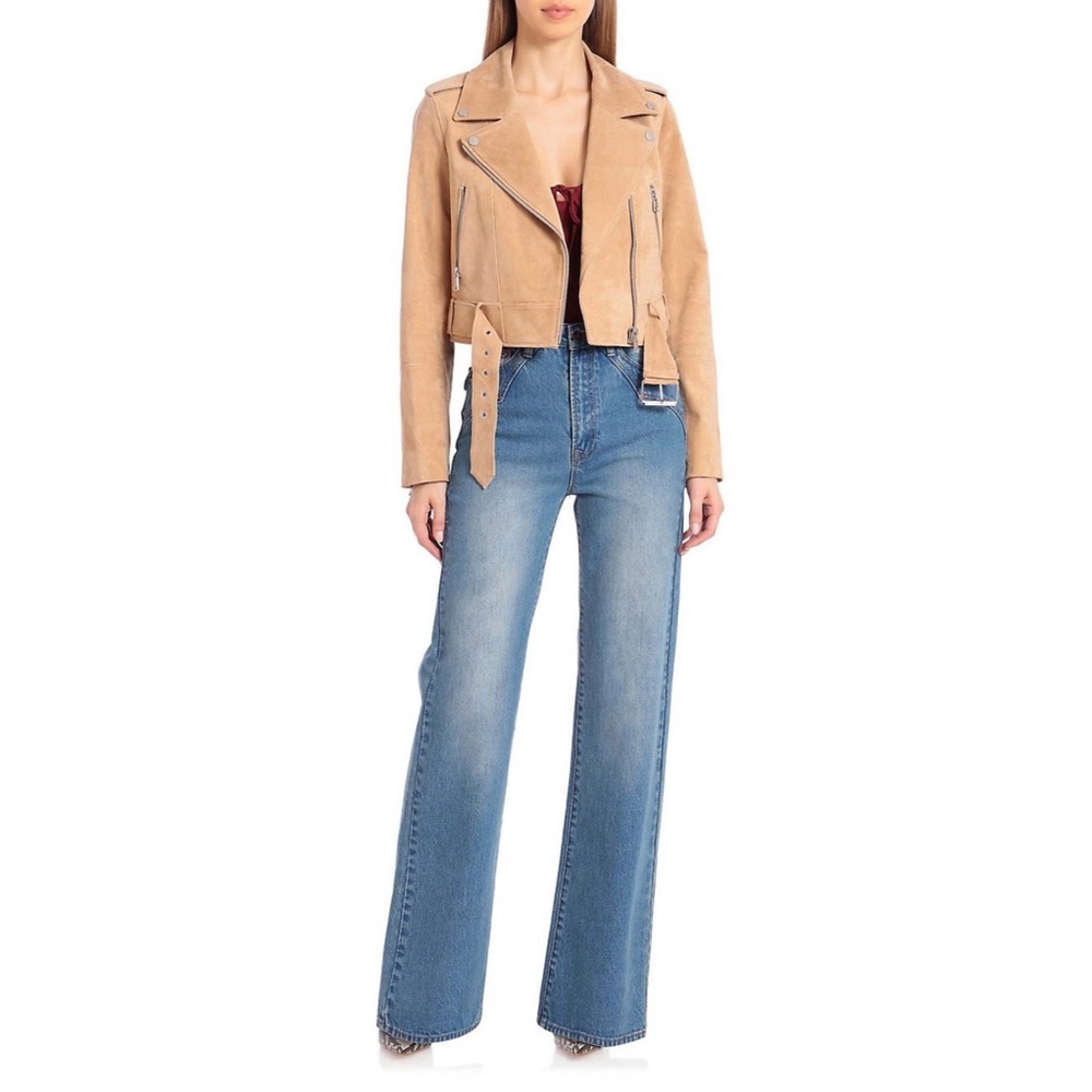 Another Story Faux Suede Biker Jacket - Beige/Tan